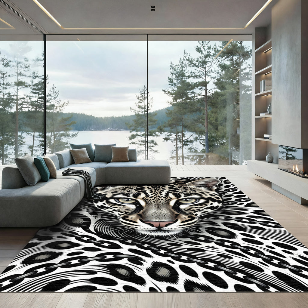 Striking Black White Leopard Portrait Rug