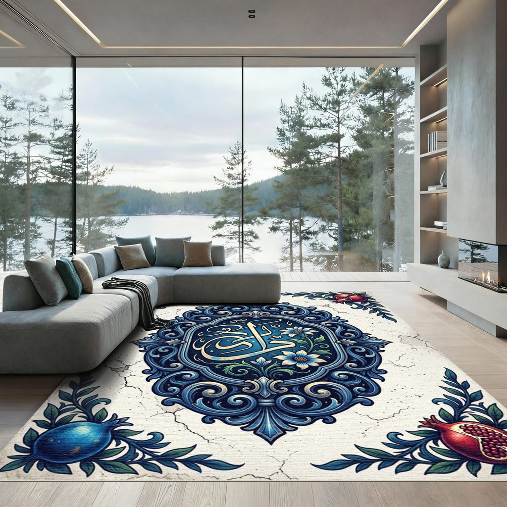 Ornate Blue Pomegranate Floral Emblem Rug