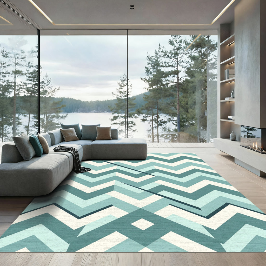 Geometric Blue Chevron Layered Accent Rug