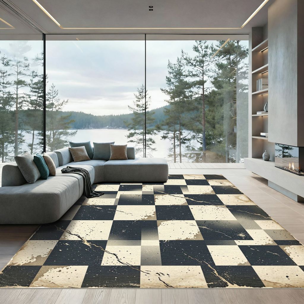 Distressed Monochrome Checkerboard Grid Rug