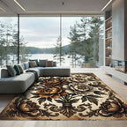 Rich Earthy Peony Floral Scroll Rug