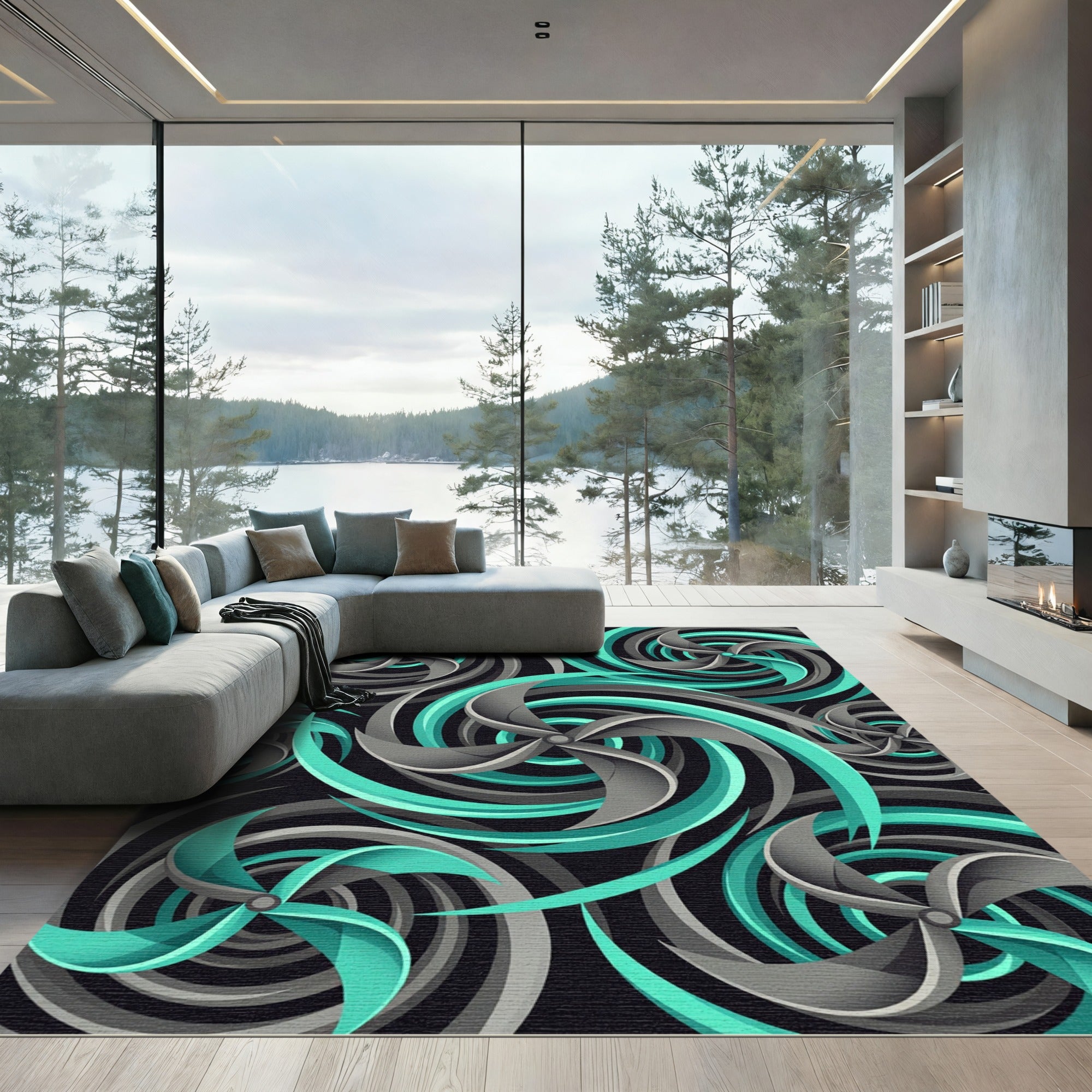 Teal and Gray Abstract Galactic Vortex Rug