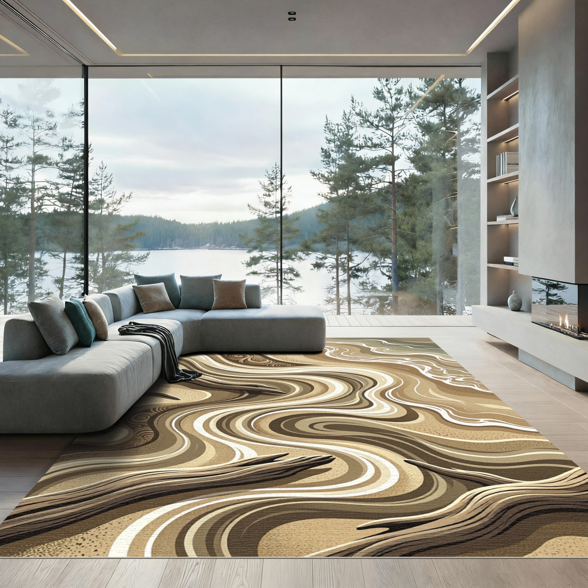Sandy Earth Toned Swirling Driftwood Rug