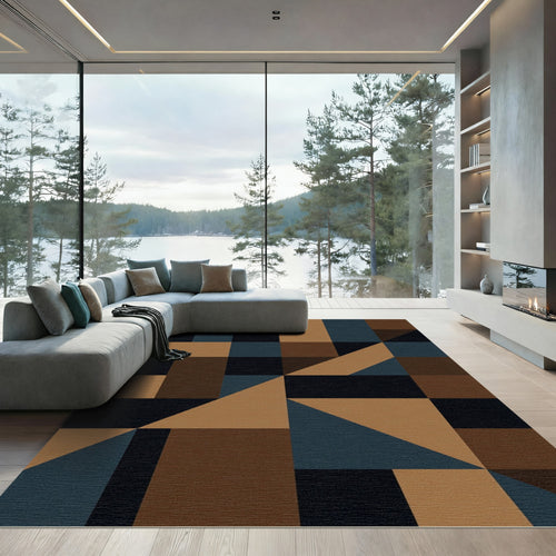 Abstract Geometric Navy and Ochre Block Rug