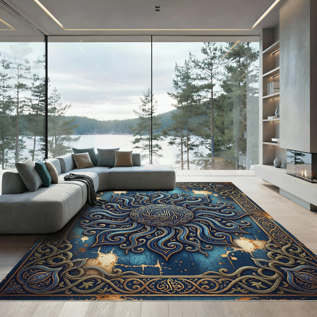 Celestial Blue Gold Ornate Mandala Art Rug