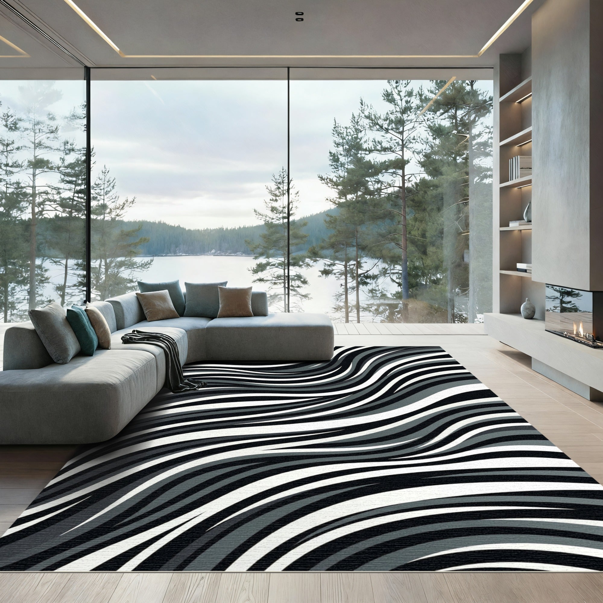 Monochrome Wavy Stripes Gradient Rug