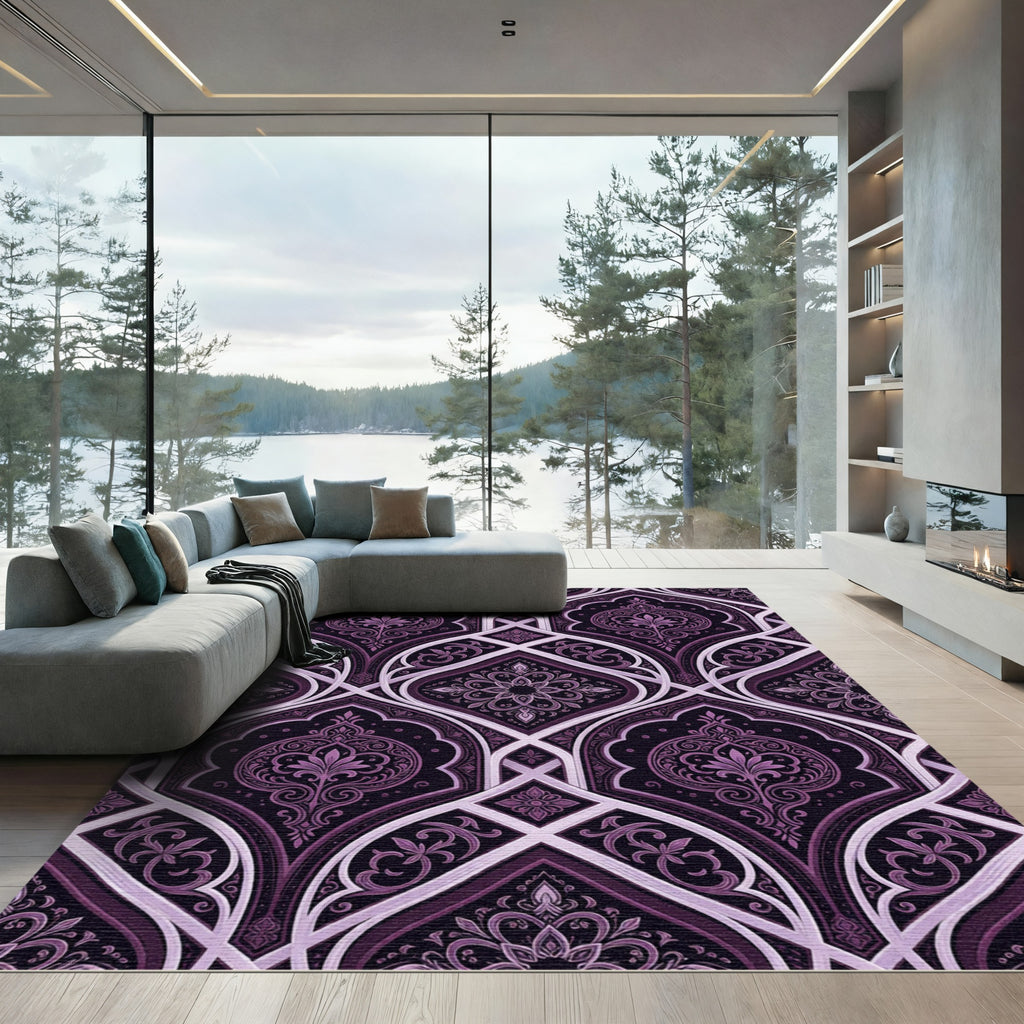 Elegant Plum Damask Filigree Arched Tapestry Rug