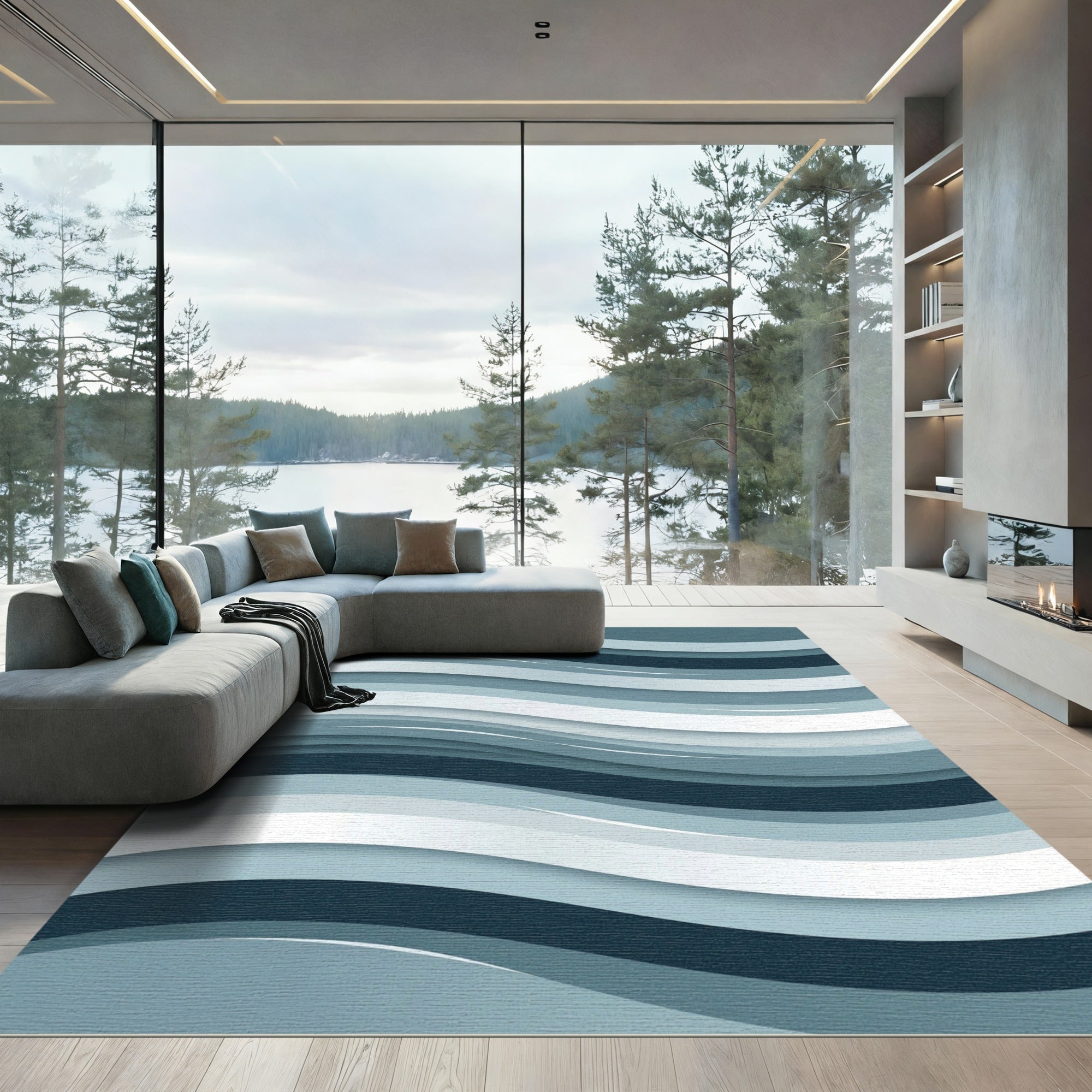 Modern Blue Wavy Layered Abstract Rug