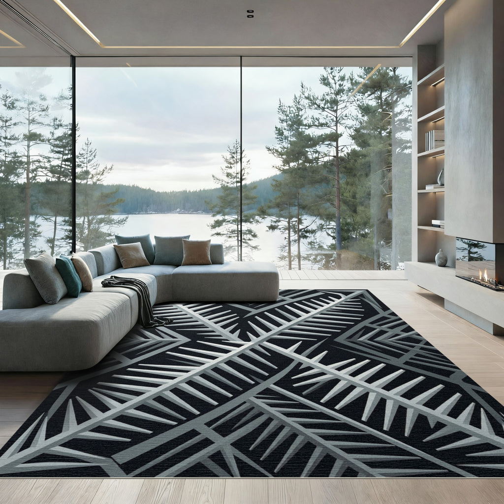 Monochromatic Fern Geometric Arrangement Rug
