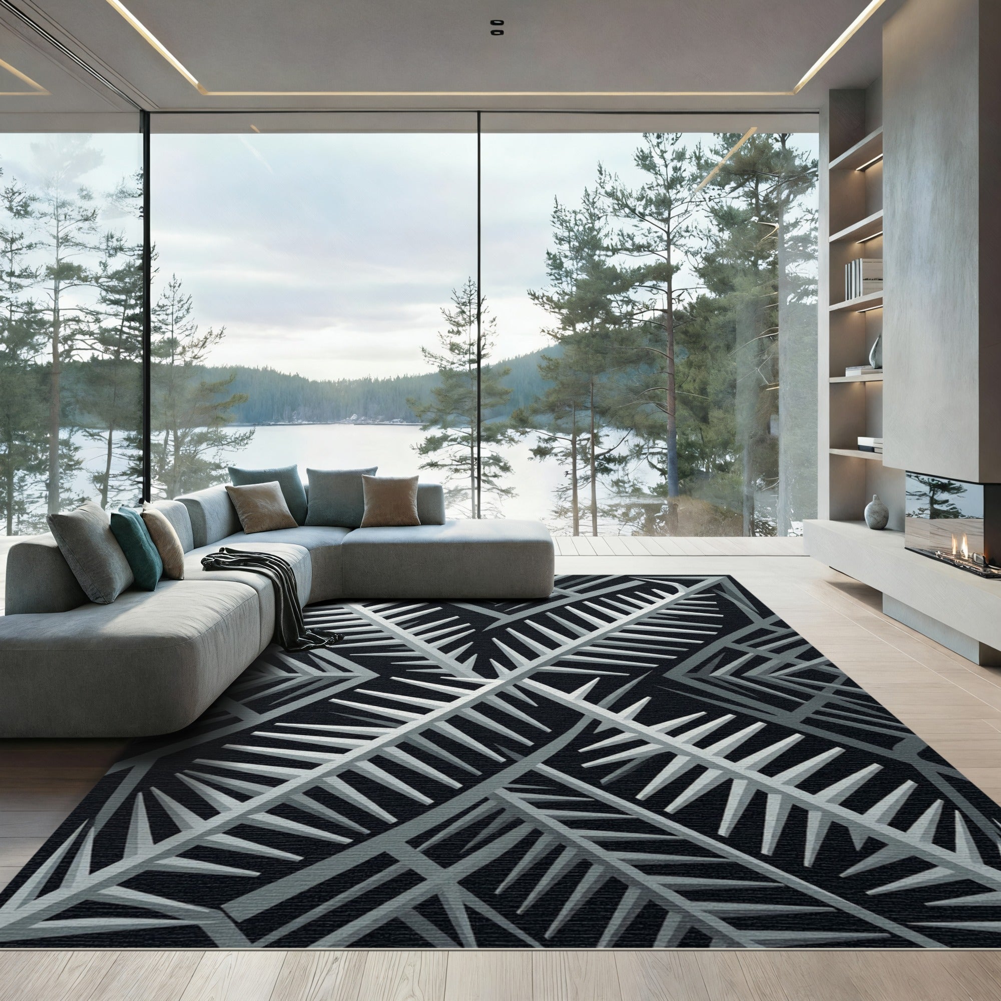 Monochromatic Fern Geometric Arrangement Rug