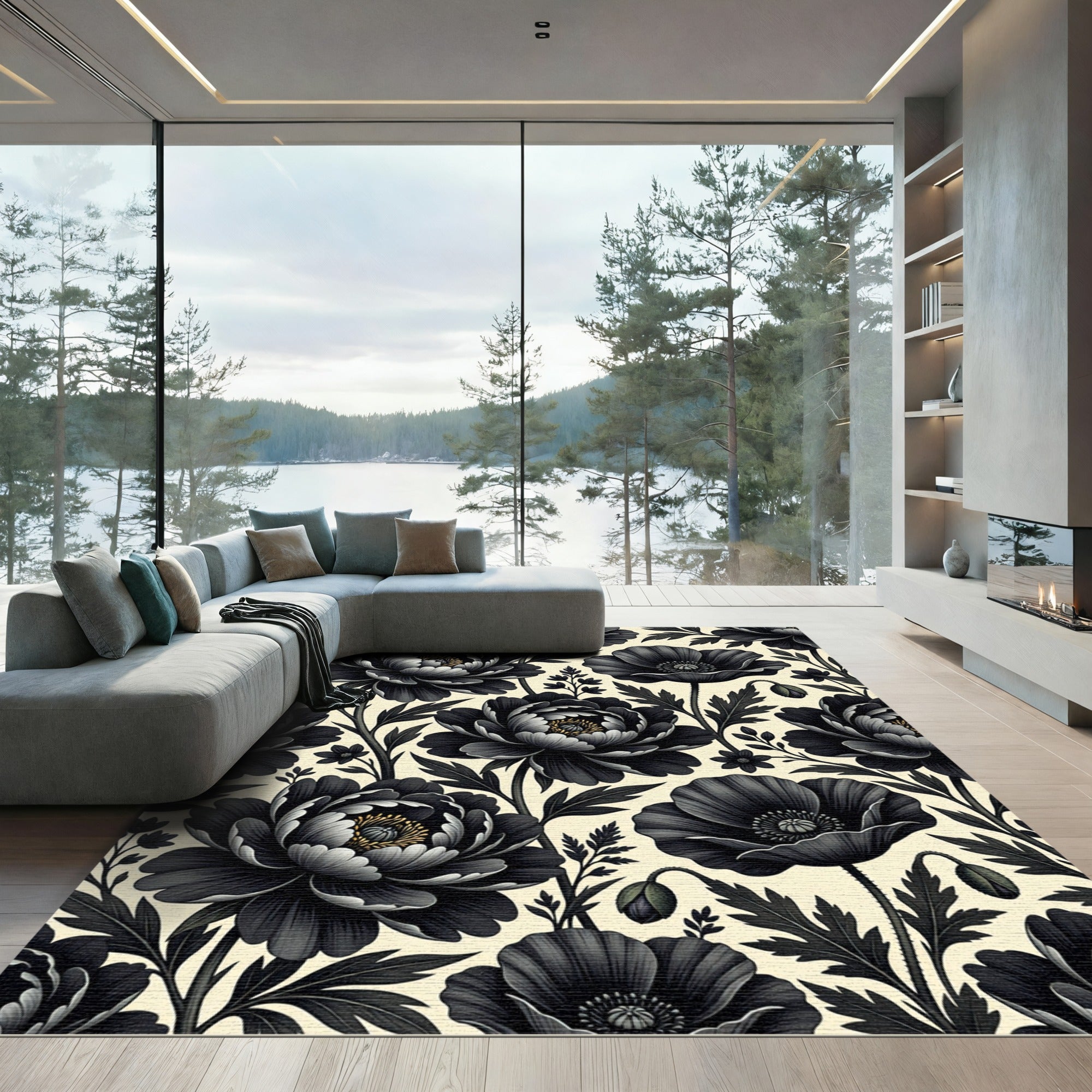 Dramatic Black Garden Floral Arrangement Rug