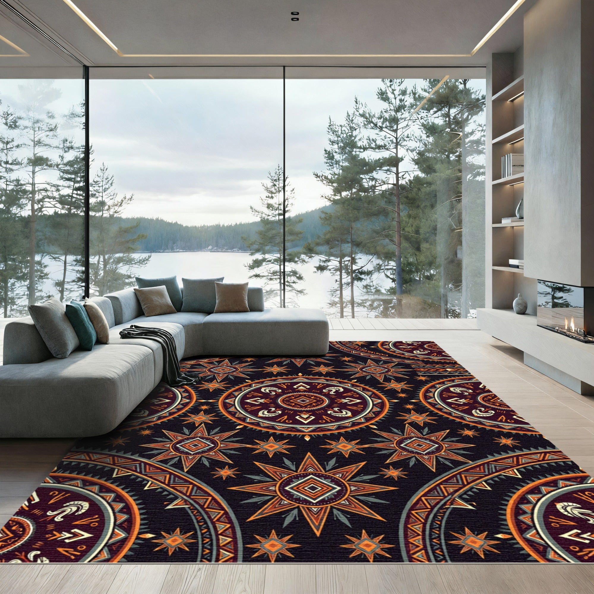 Bold Geometric Sunburst Earth Tone Tapestry Rug