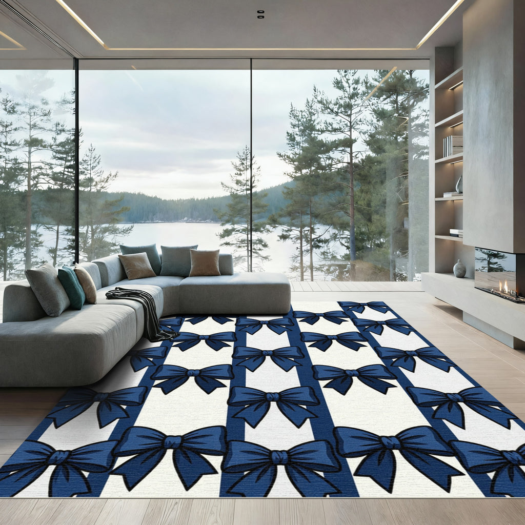 Elegant Navy Blue Bow Striped Rug
