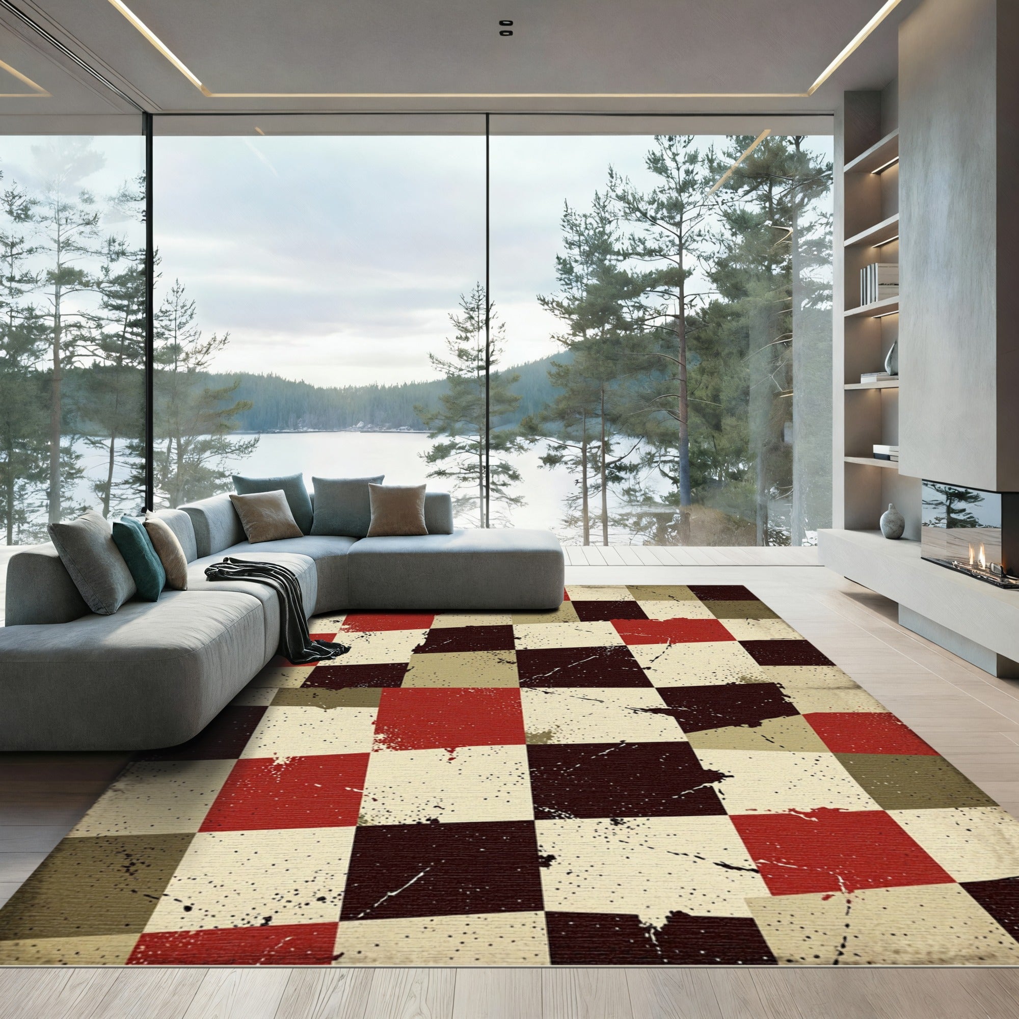 Distressed Checkered Crimson and Earthy Tile Rug