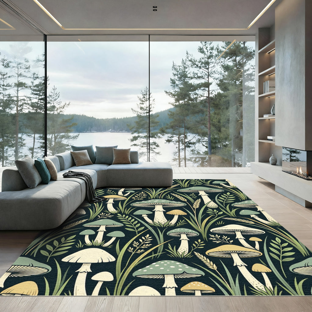 Whimsical Forest Mushroom and Wheat Botanical Rug