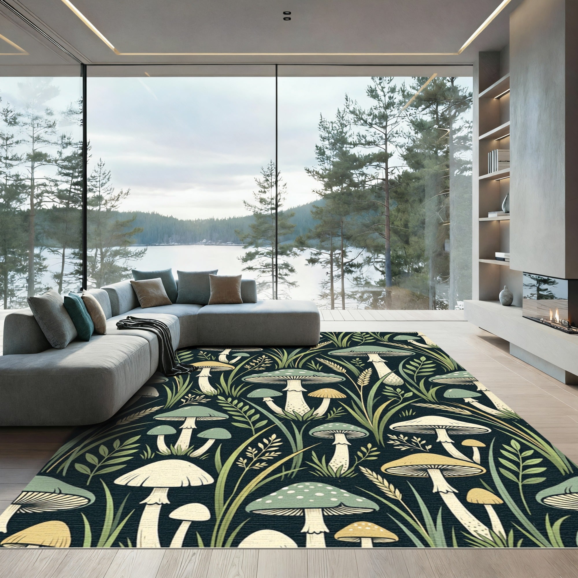 Whimsical Forest Mushroom and Wheat Botanical Rug