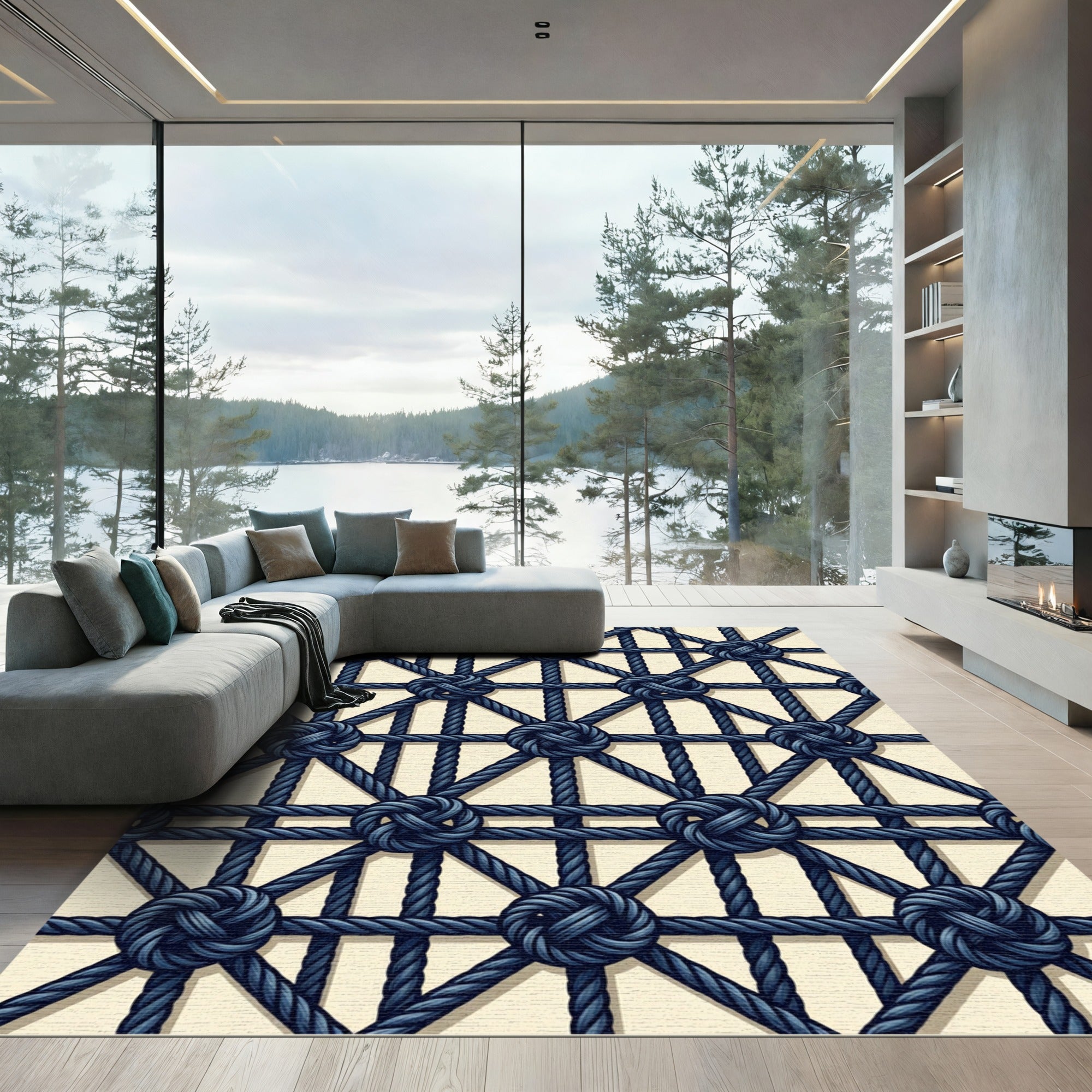 Dark Blue Nautical Knot Grid Rug
