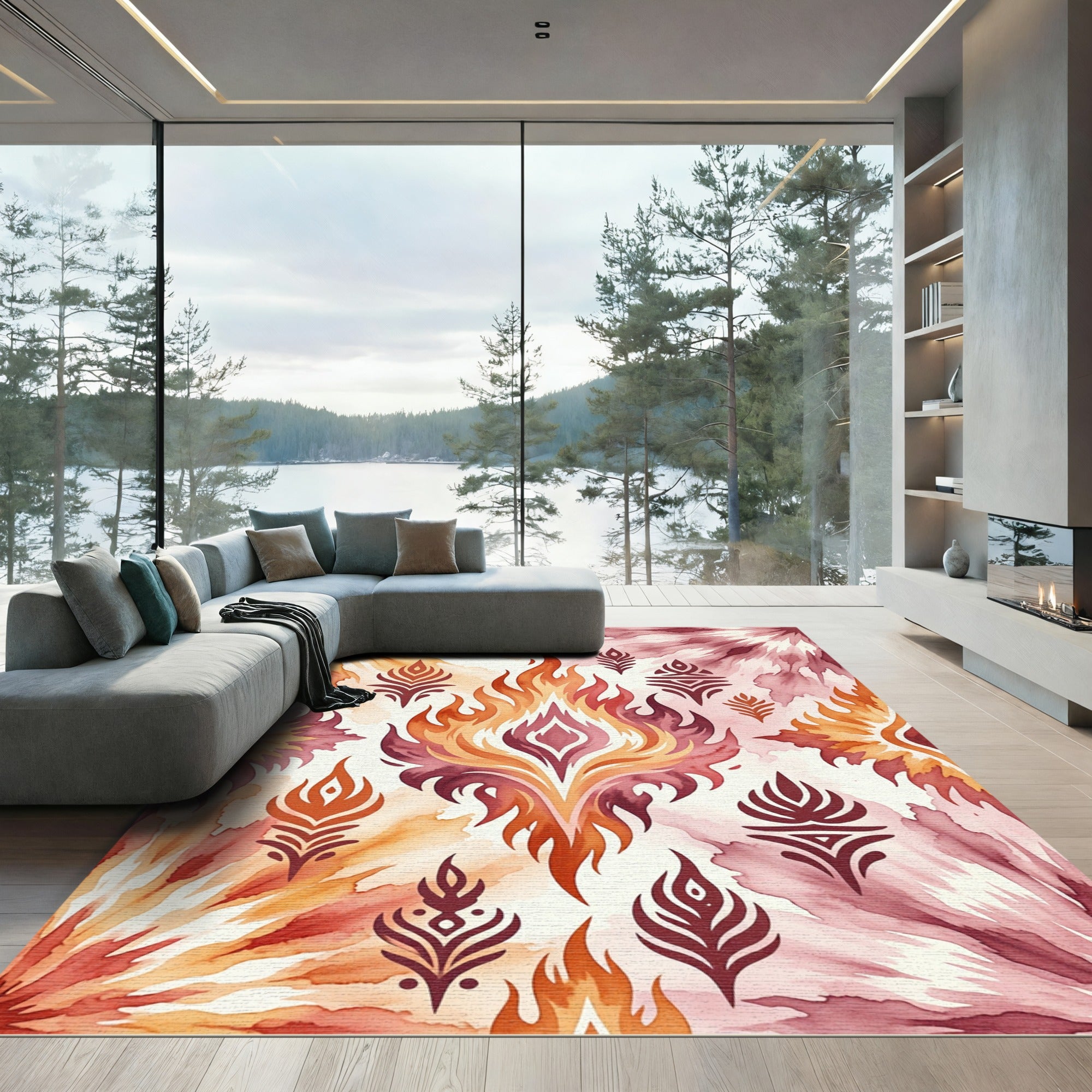 Vibrant Watercolor Flame Medallion Abstract Rug