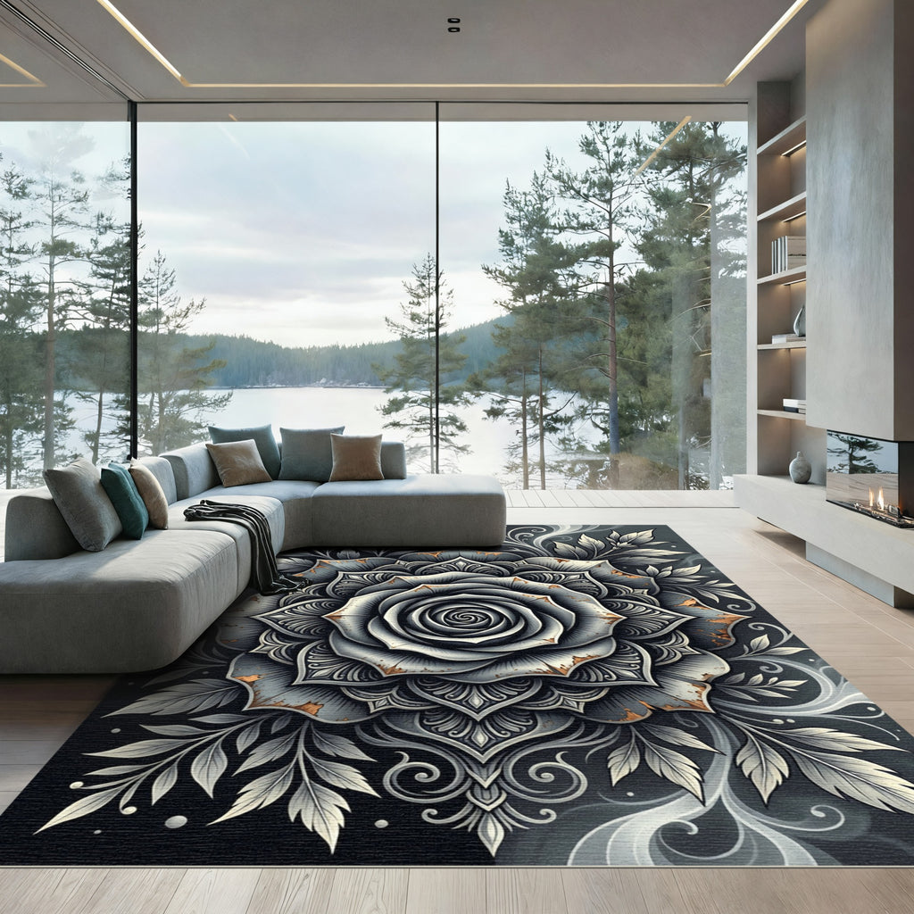 Distressed Monochrome Metallic Rose Medallion Rug