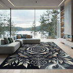 Distressed Monochrome Metallic Rose Medallion Rug