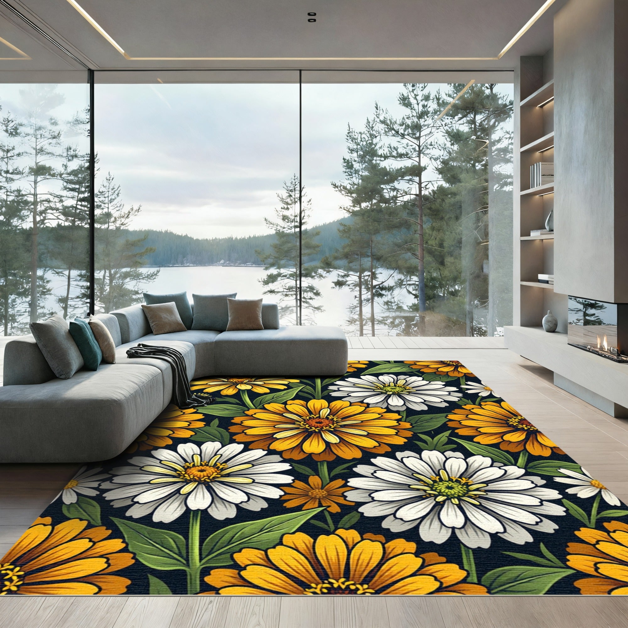 Golden White Flowers Dark Garden Rug