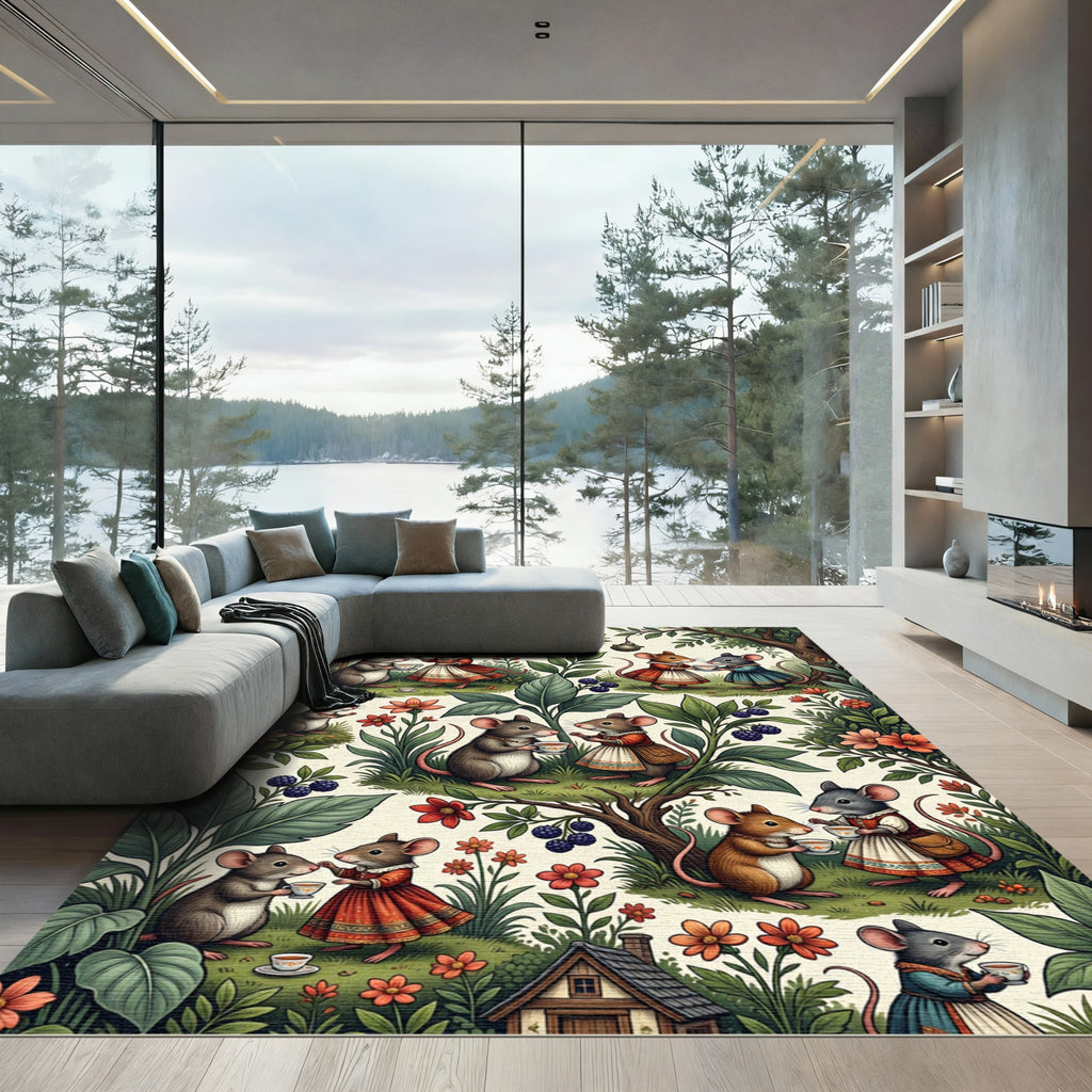 Whimsical Mouse Tea Party Garden Illustration Rug