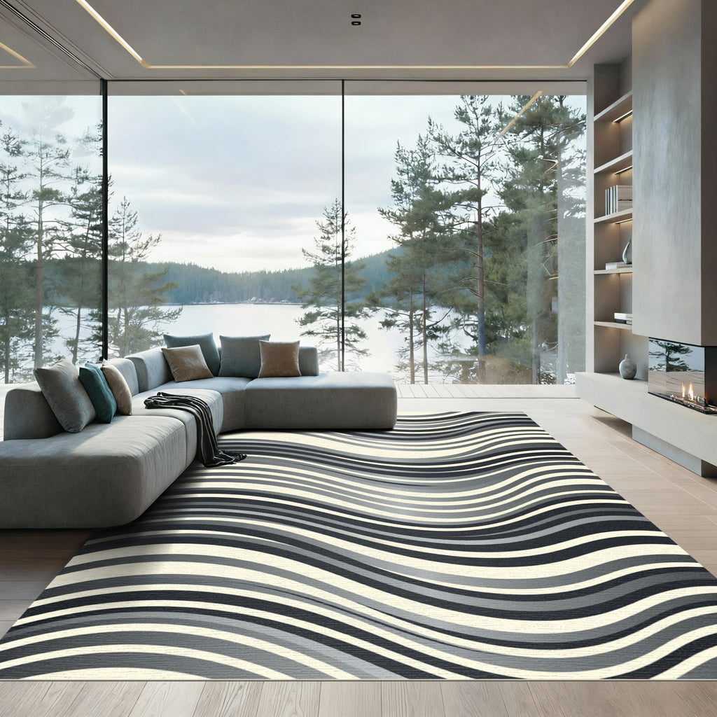 Monochromatic Wavy Stripe Ribbons Rug