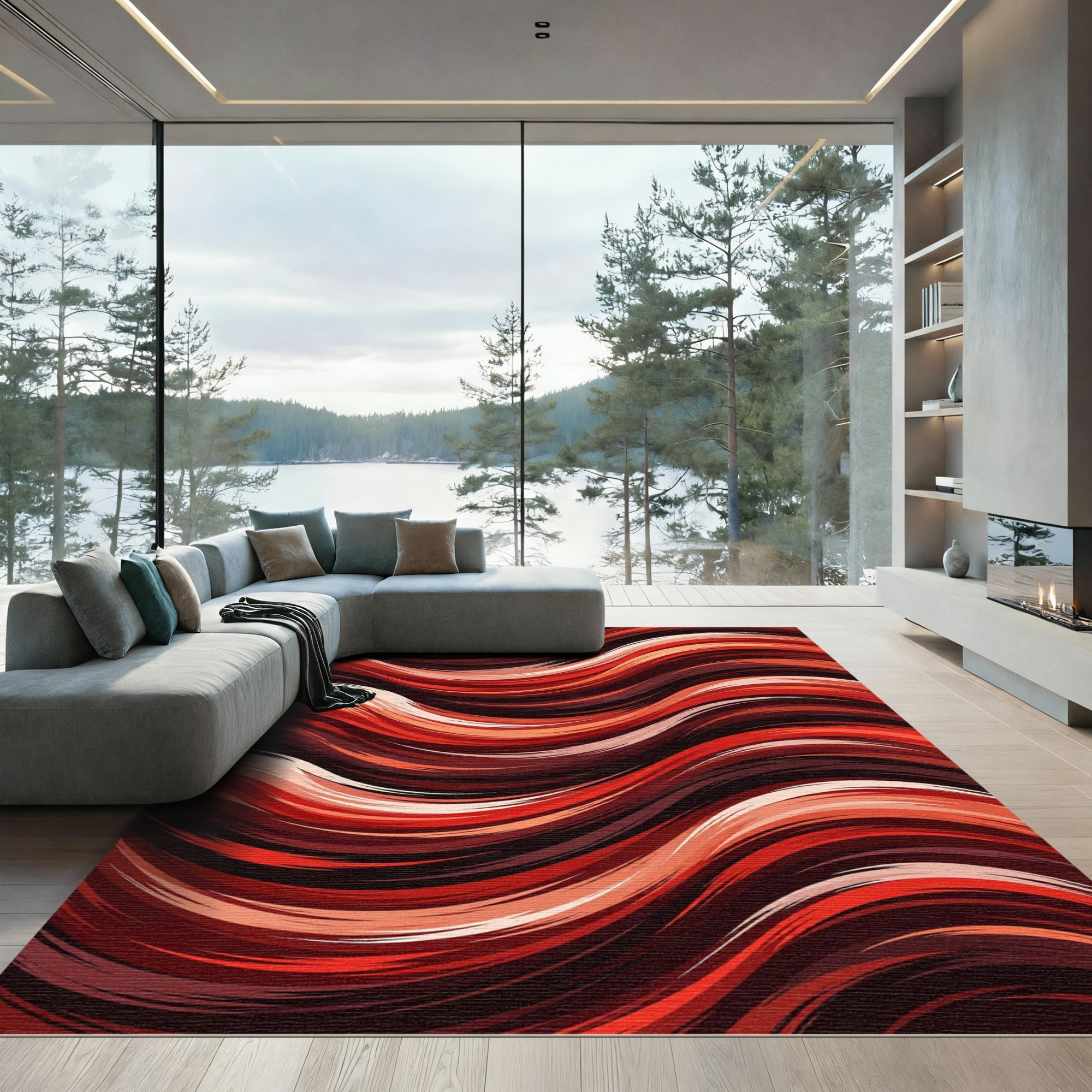 Crimson Red Flowing Abstract Waves Rug