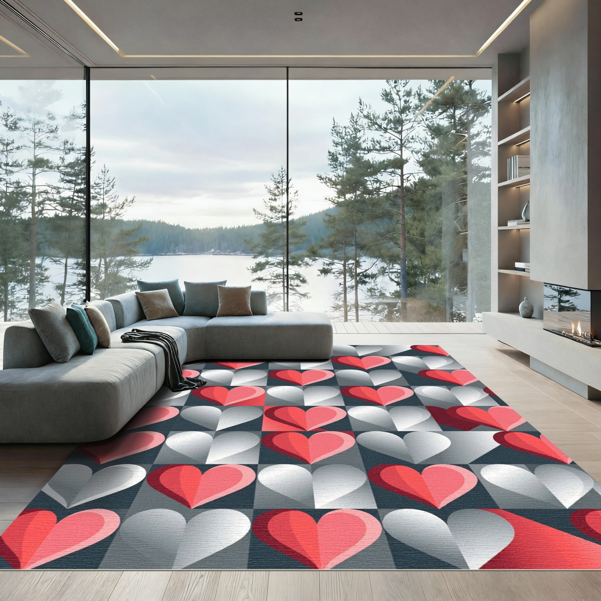 Modern Geometric Red and Silver Hearts Rug