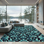 Elegant Teal Damask Floral Scroll Rug