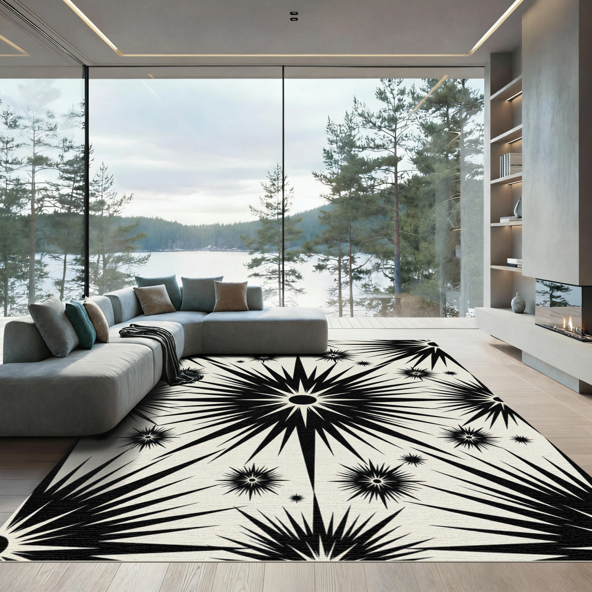 Black Starburst Cream Background Rug
