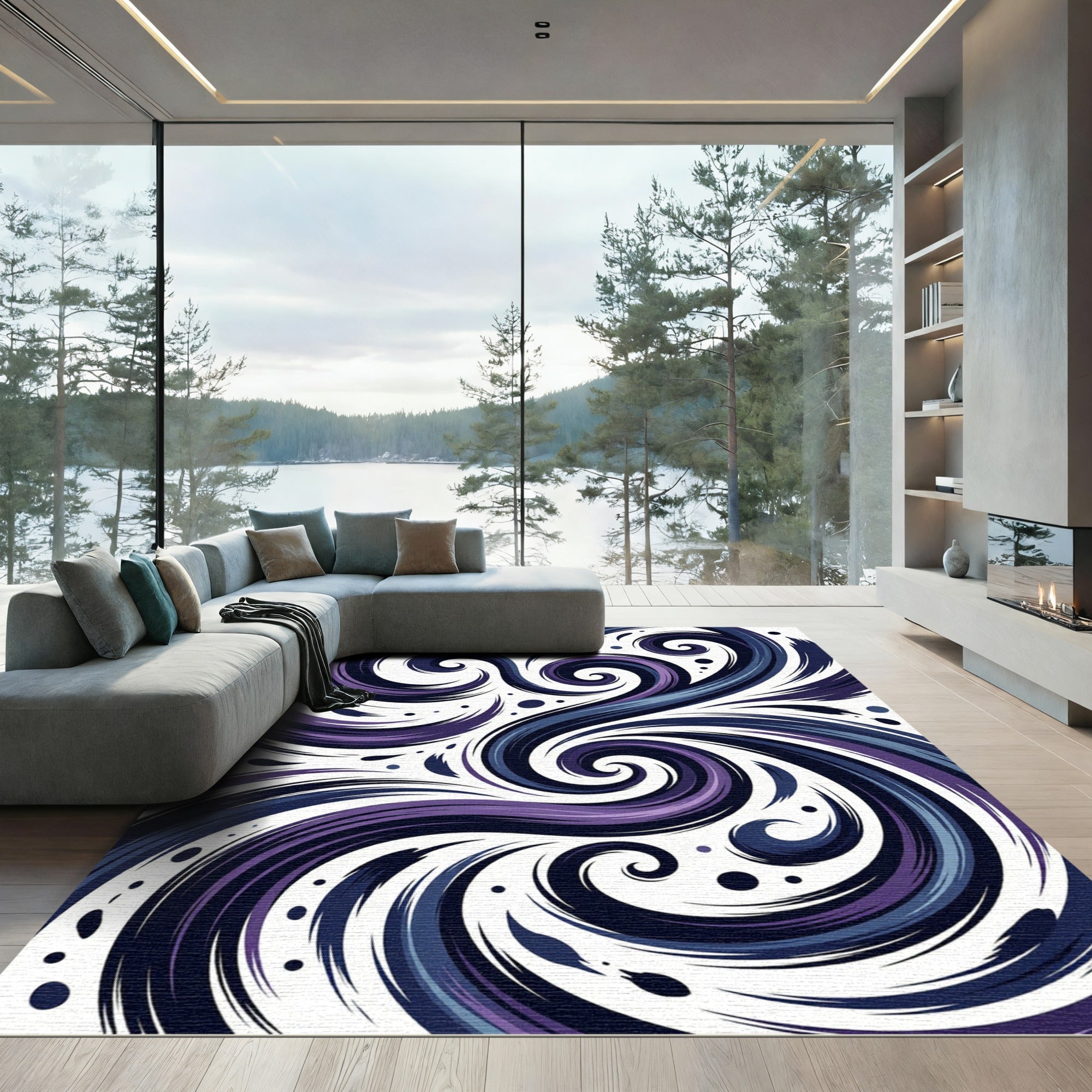 Abstract Swirling Violet and Navy Waves Rug