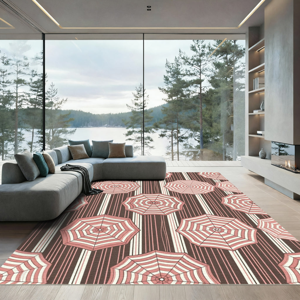 Pink Umbrellas with Cocoa Striped Background Rug