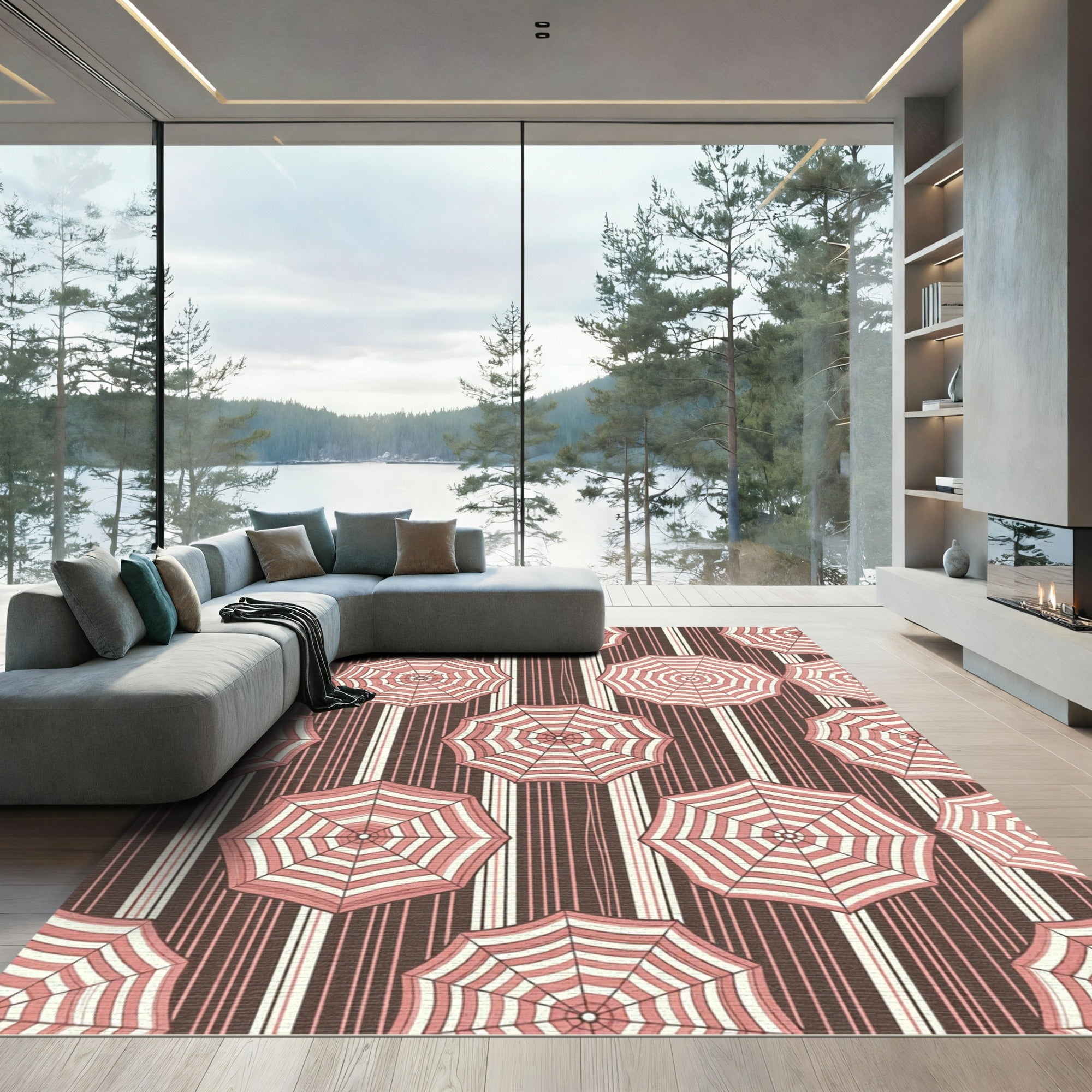 Pink Umbrellas with Cocoa Striped Background Rug