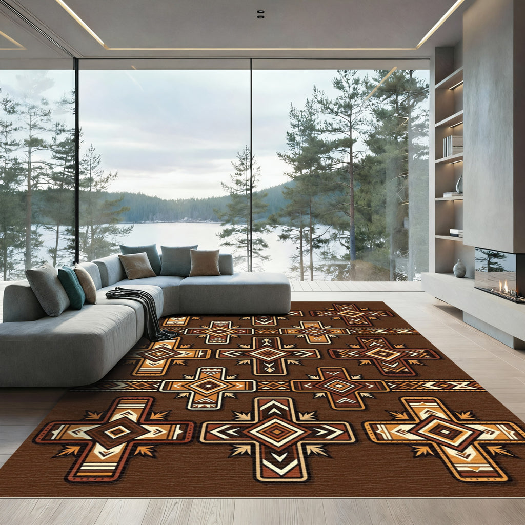 Earthy Brown Geometric Cross Motif Rug