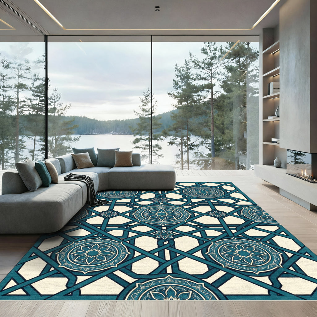 Teal Geometric Intertwined Floral Medallion Rug