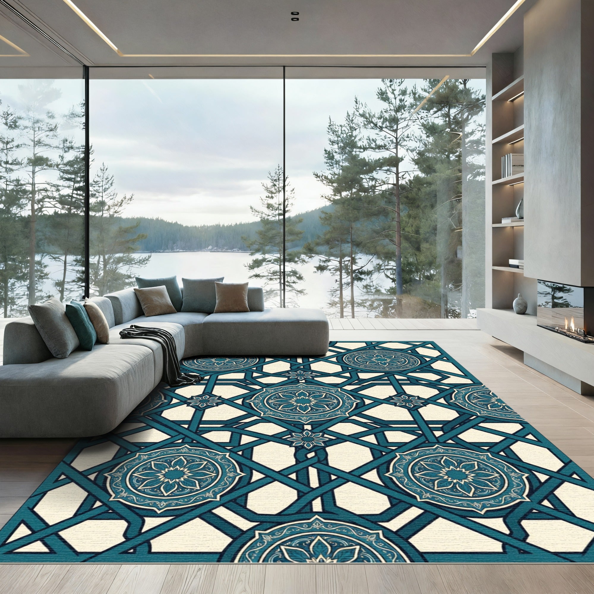 Teal Geometric Intertwined Floral Medallion Rug