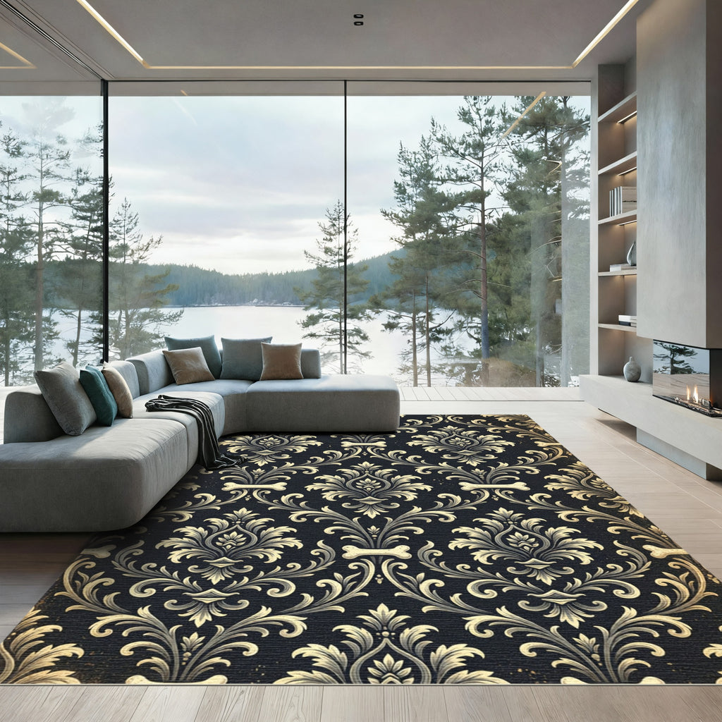 Gothic Bone Damask Gold Black Art Rug