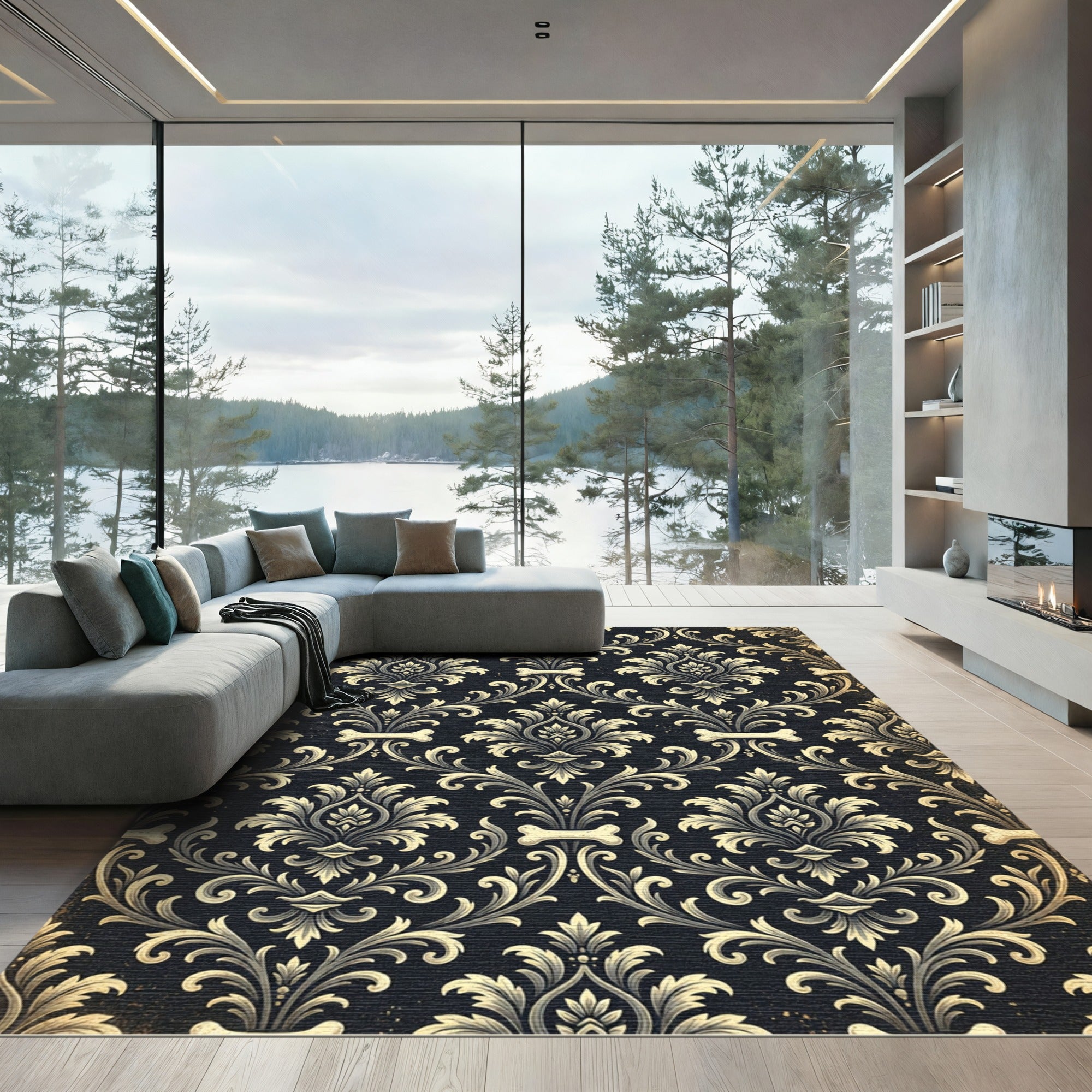 Gothic Bone Damask Gold Black Art Rug
