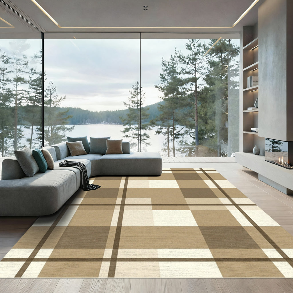 Warm Beige Plaid Landscape Rug