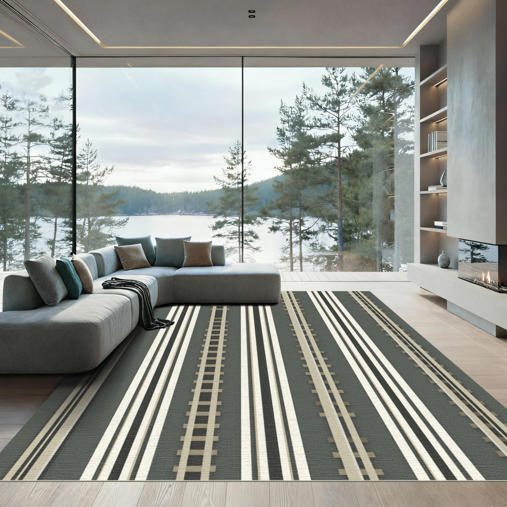 Modern Gray Striped Railway Rug