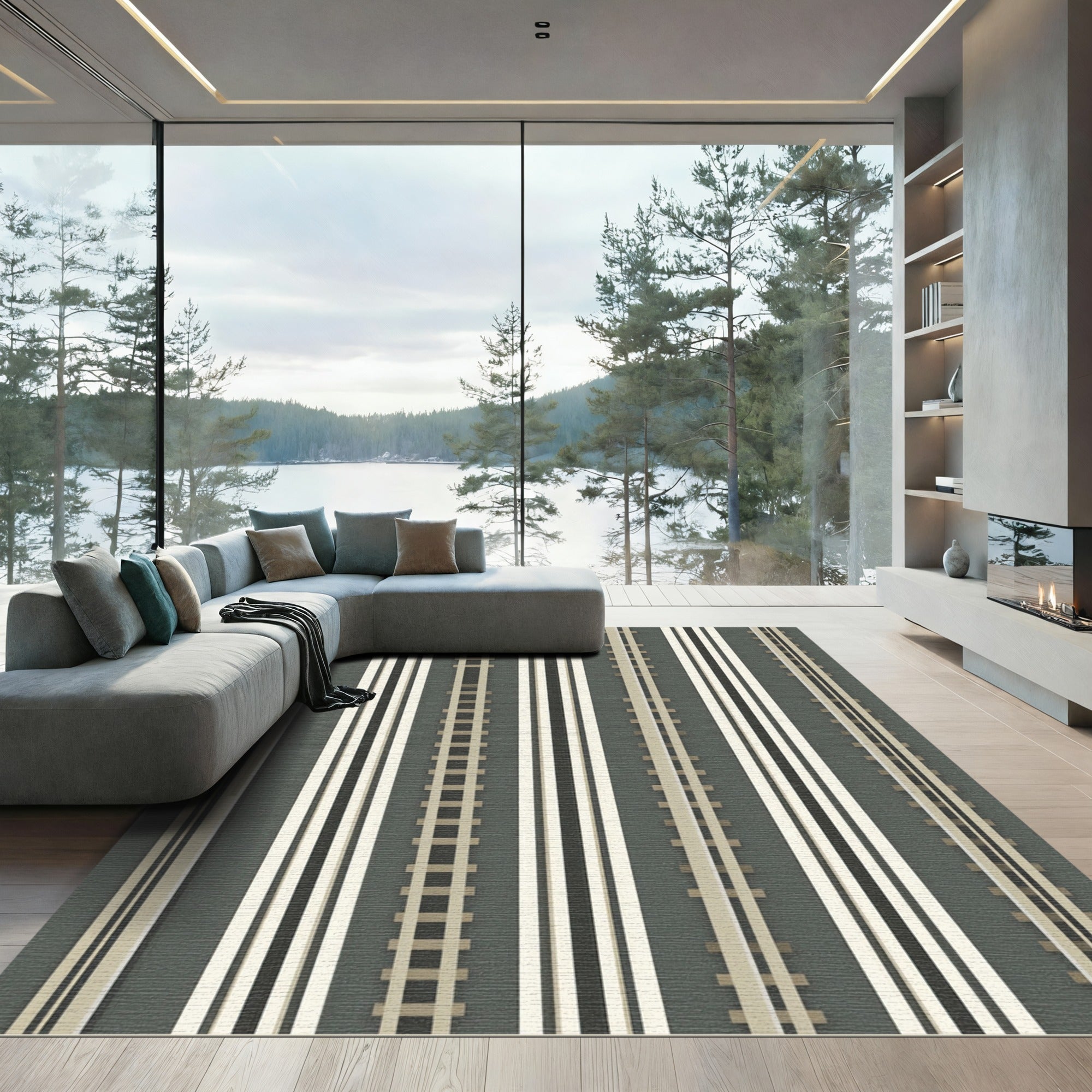 Modern Gray Striped Railway Rug