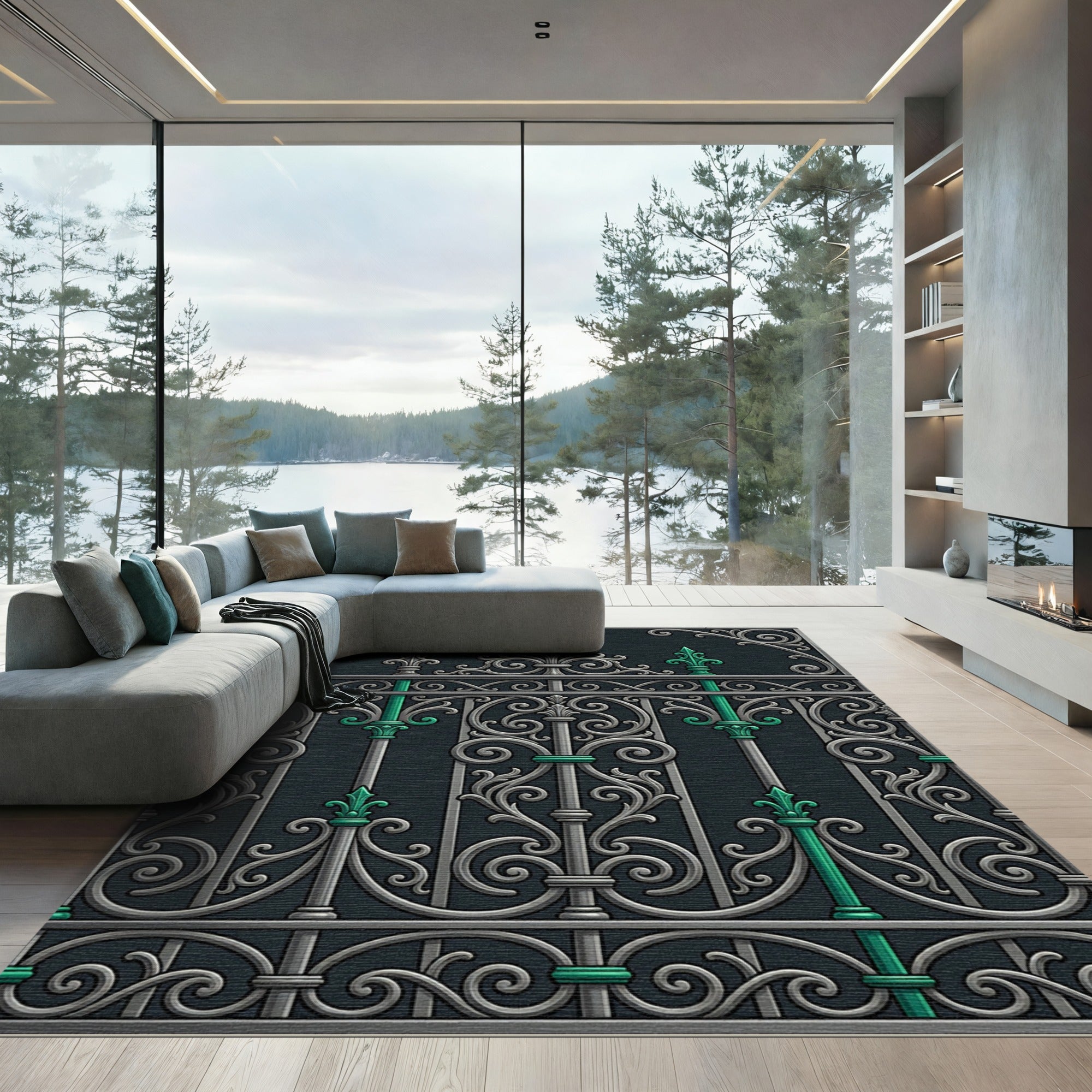 Ornate Silver and Emerald Iron Scroll Rug