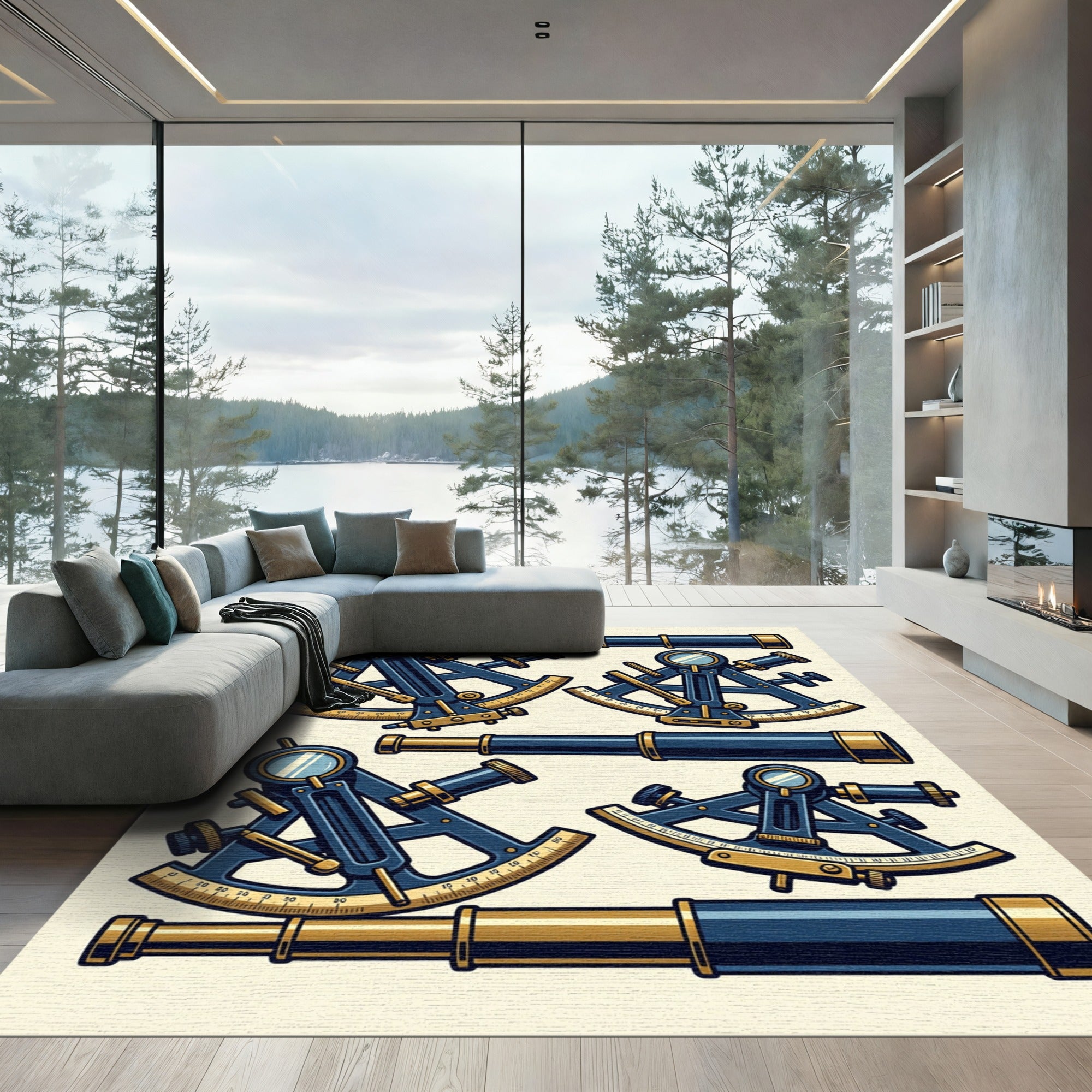 Vintage Navy Nautical Sextant Telescope Illustration Rug