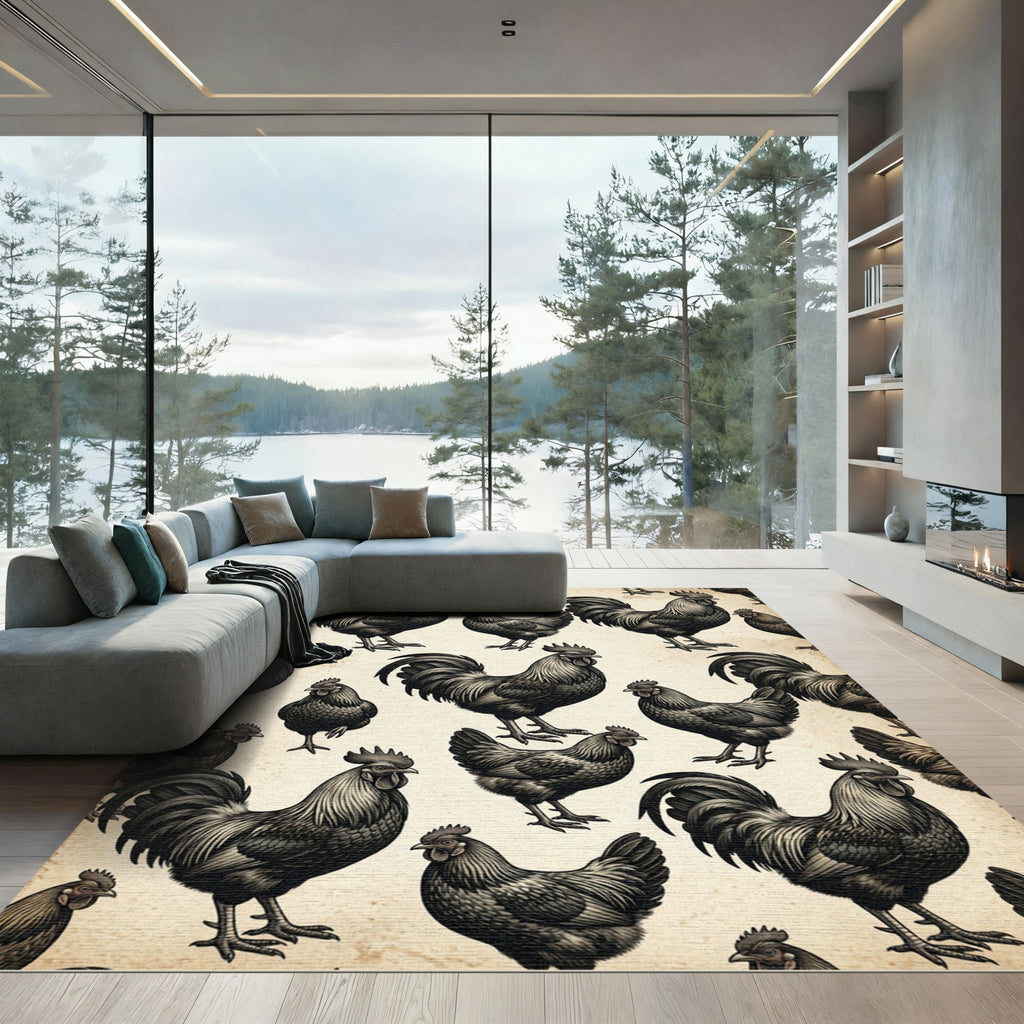 Monochrome Black Rooster Farmhouse Illustration Rug