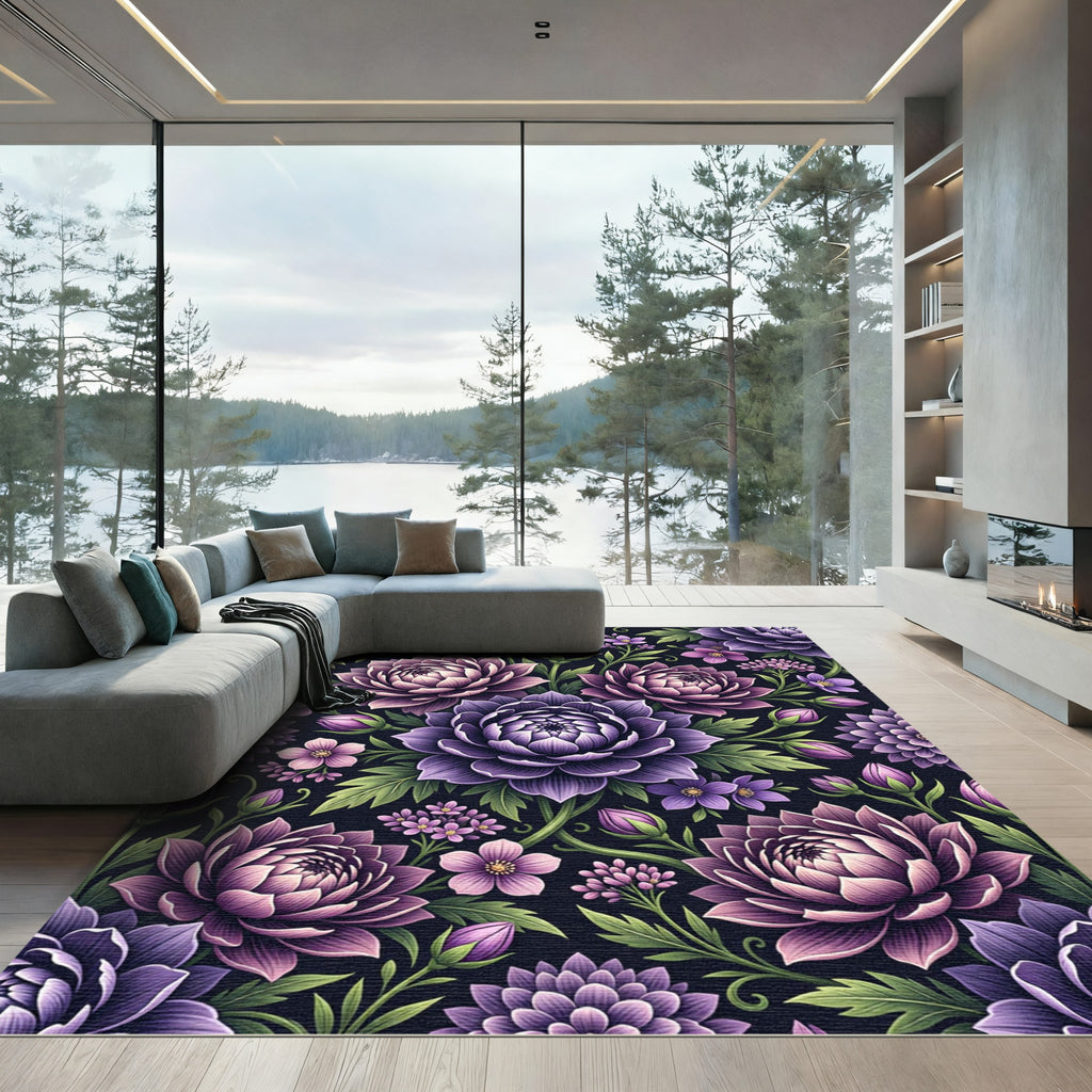 Moody Purple Dahlia Botanical Floral Rug