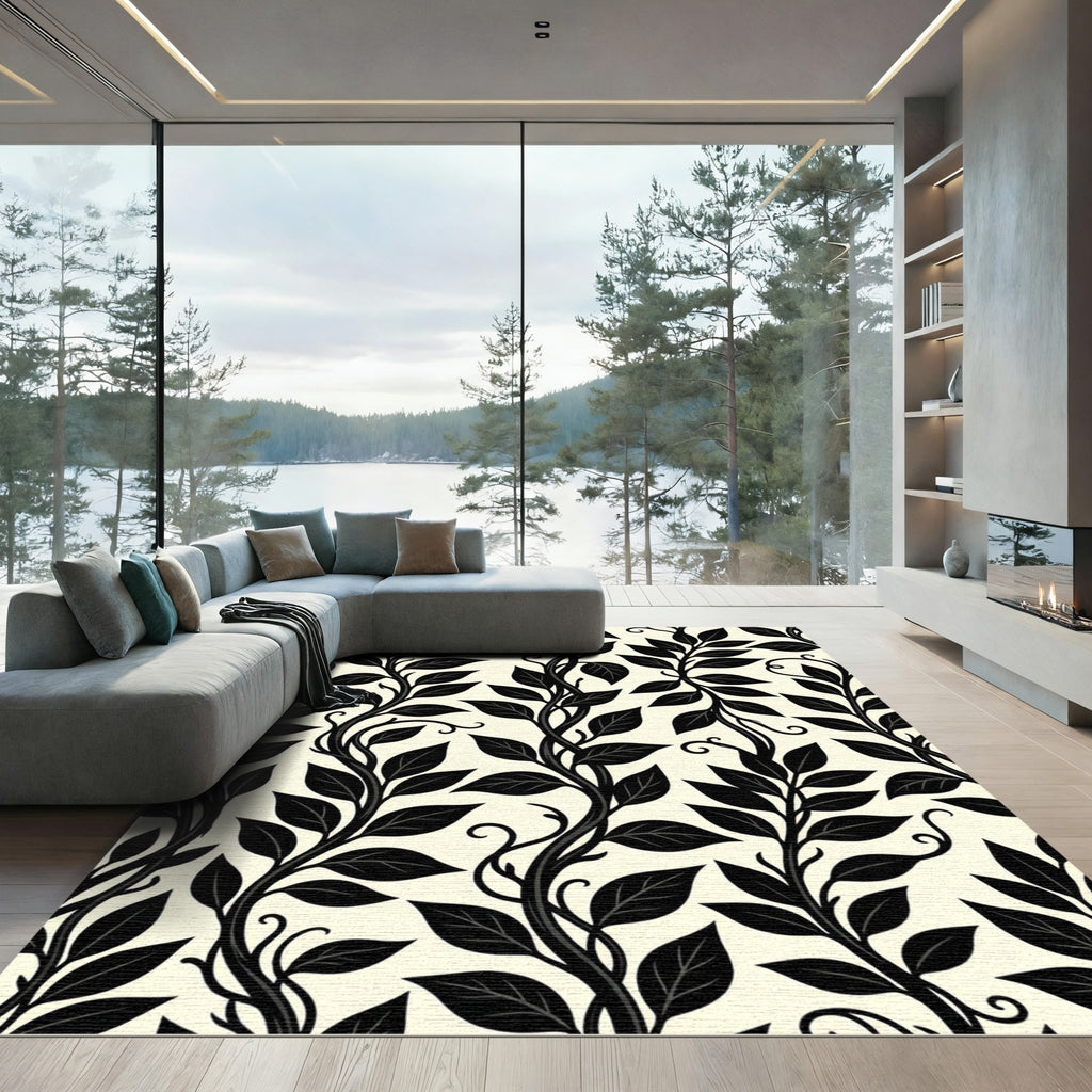 Black Vine Leaf Art Nouveau Rug