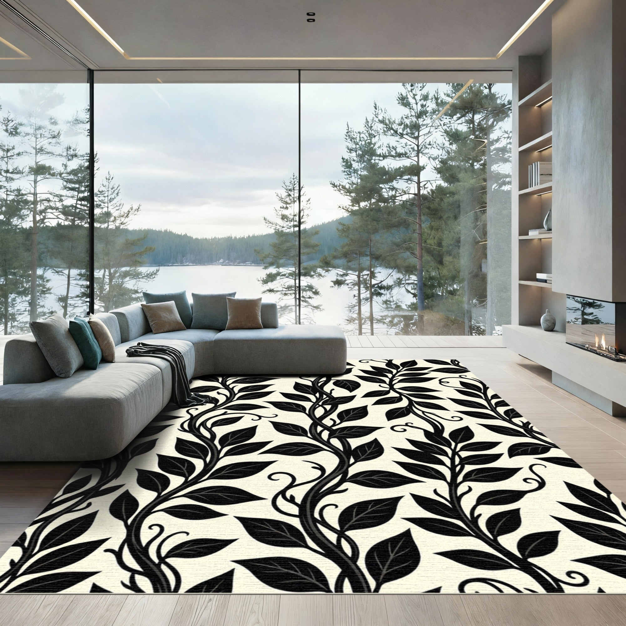 Black Vine Leaf Art Nouveau Rug