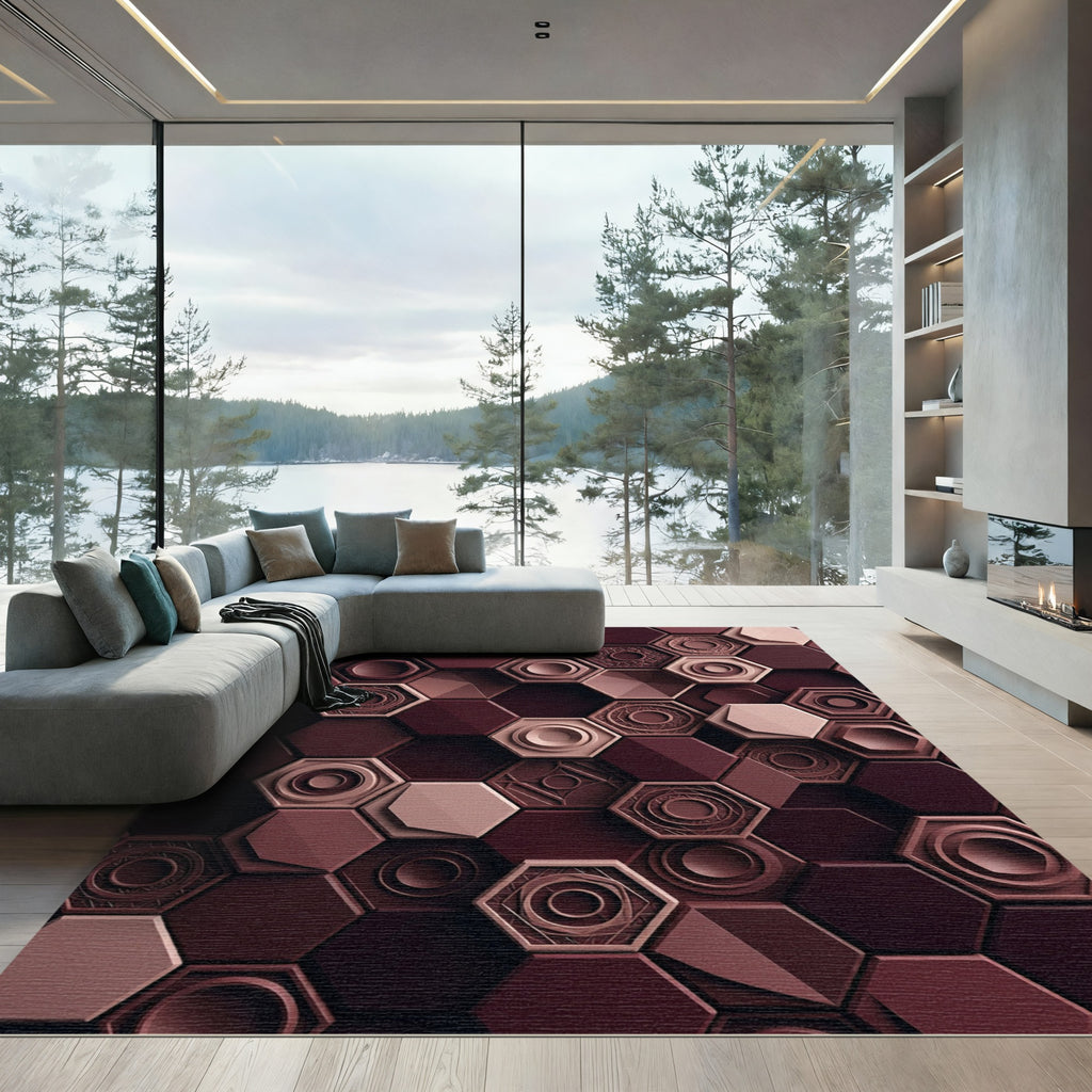 Deep Burgundy Geometric Hexagon Texture Rug
