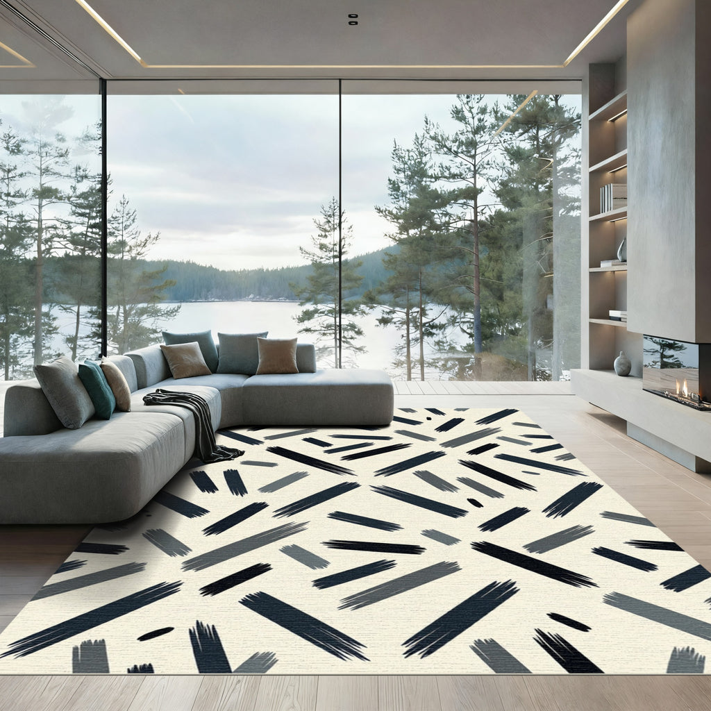 Minimalist Charcoal Abstract Brushstroke Rug